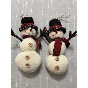 2 -Vintage Sweet Snowman Fleece Stuffed Christmas Ornament Carrot Nose 6.5"